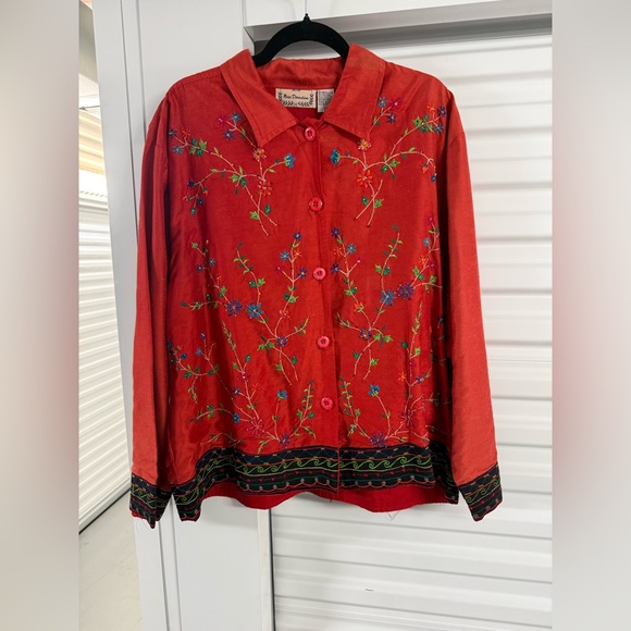 new directions Tops - Vintage New Directions Red Embroidered /beaded Tunic silk blend size xl